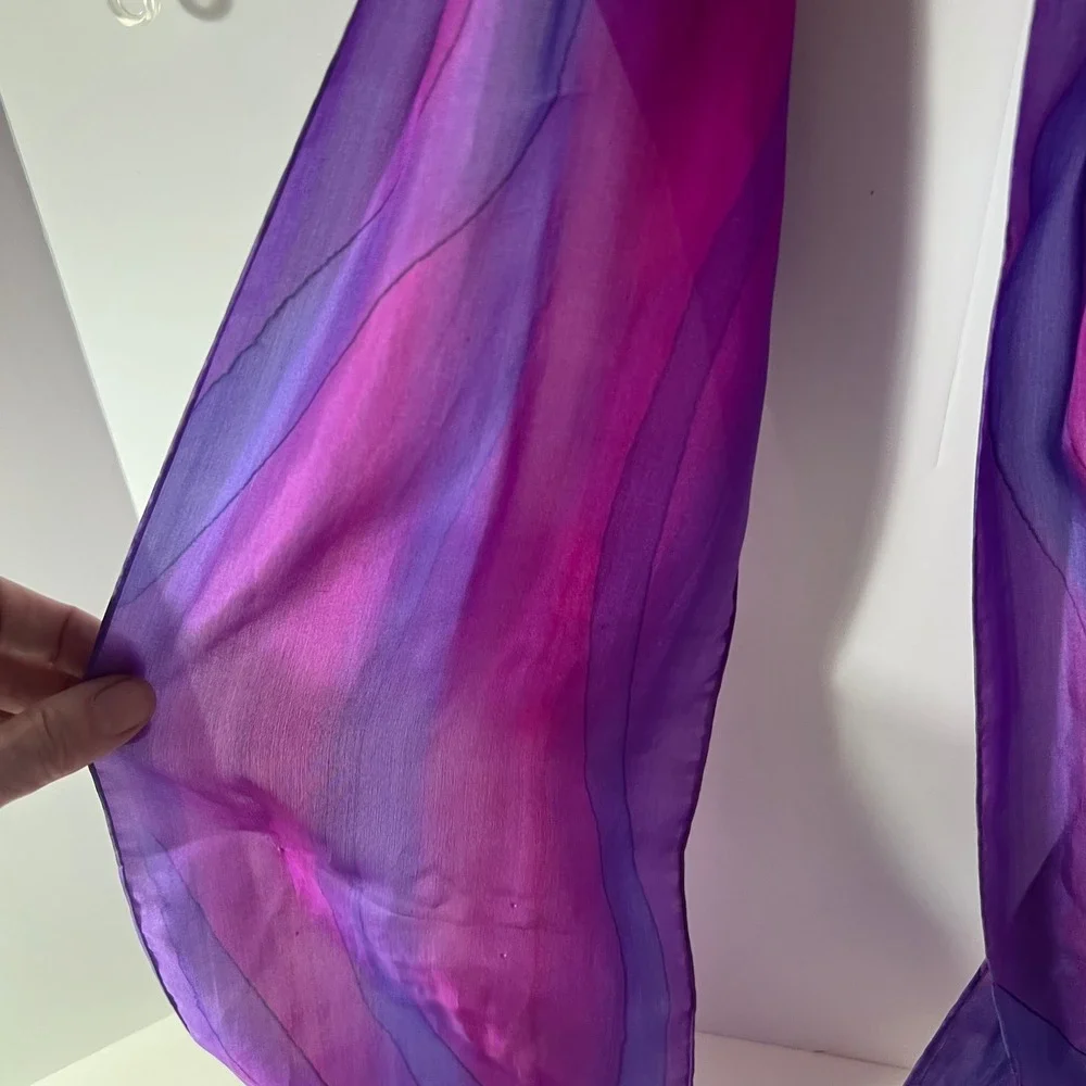 Handpainted Silk Floral Scarf Signed JT Purple Orange Green 8 x 72